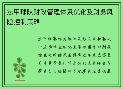 法甲球队财政管理体系优化及财务风险控制策略