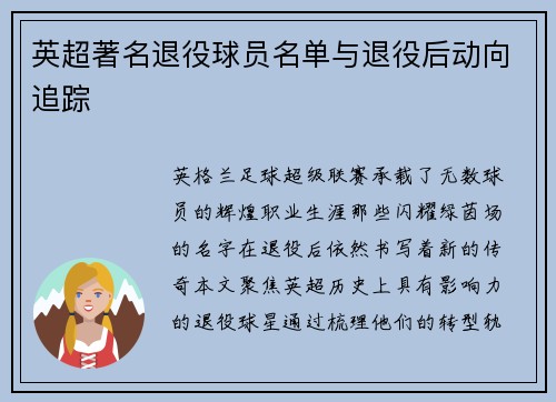 英超著名退役球员名单与退役后动向追踪