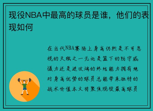 现役NBA中最高的球员是谁，他们的表现如何
